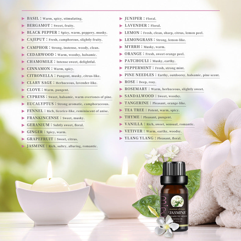 Aromatherapy product with essential oil bottle and candles on a table, featuring a list of scents.