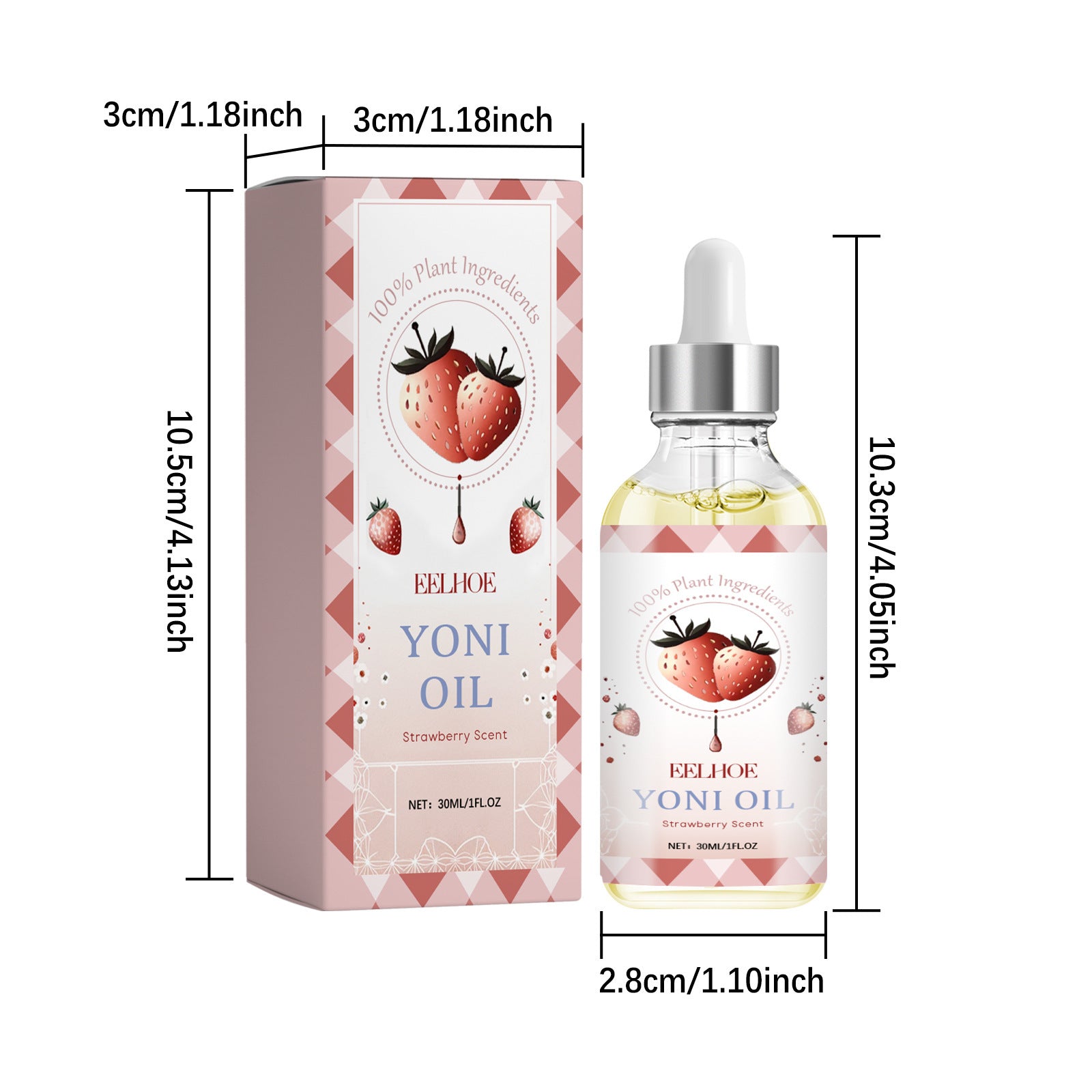 Yoni oil packaging with dimensions labeled