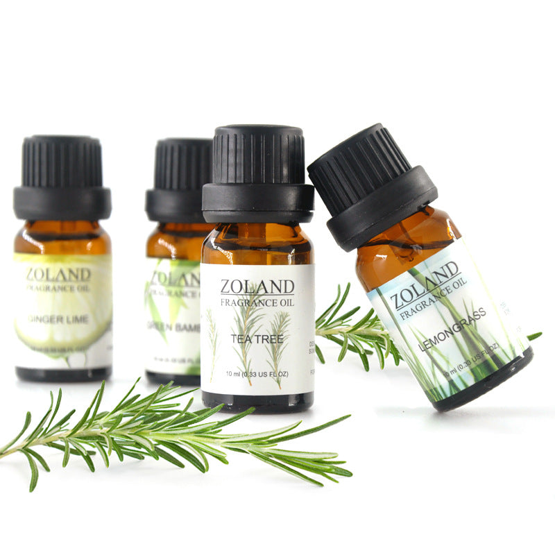 Zoland fragrance oil bottles with labels and greenery on a white background