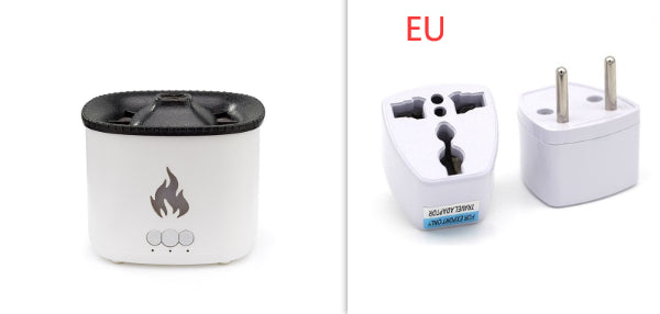 Two travel adaptors, one with a flame symbol and the other labeled 'EU', on a white background.