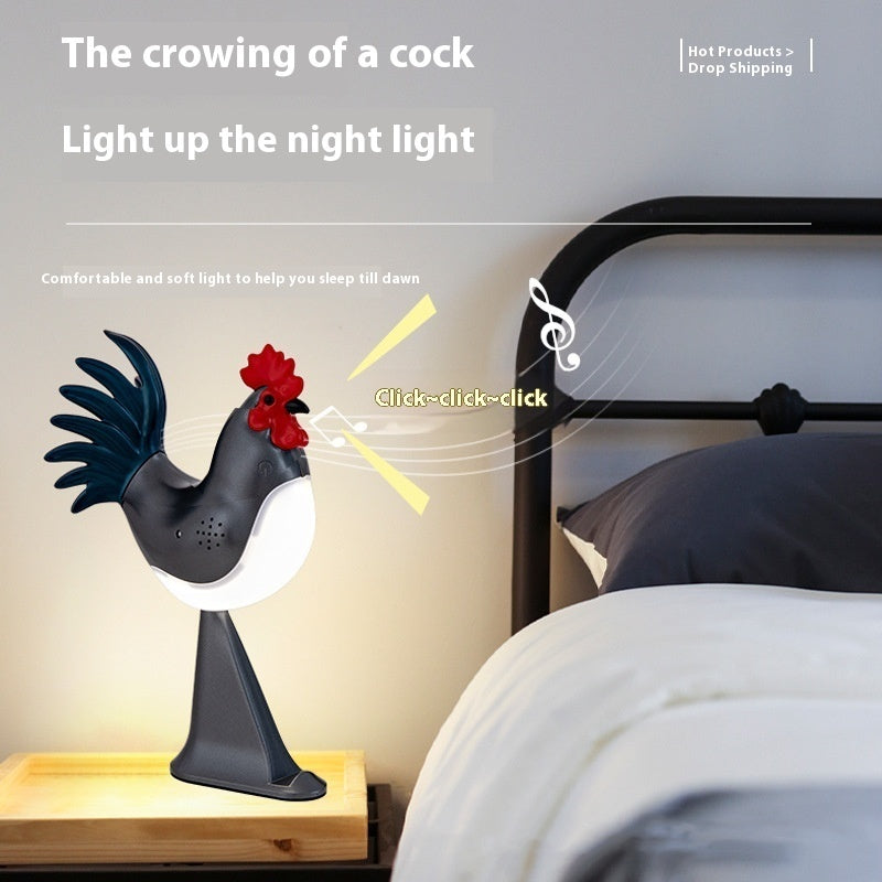 Rooster-shaped night light on a bedside table with text about its function.