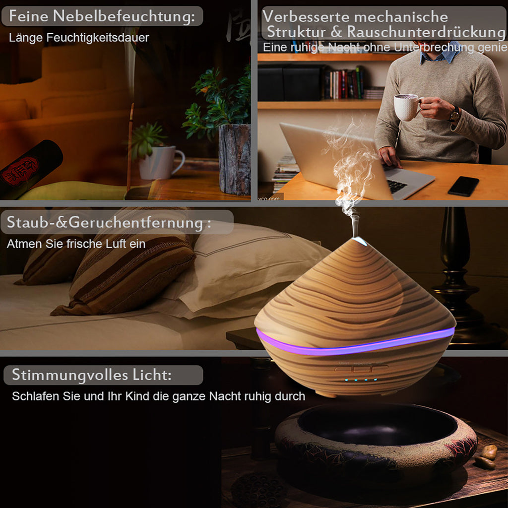Collage of a wooden diffuser with text describing its features in various settings.