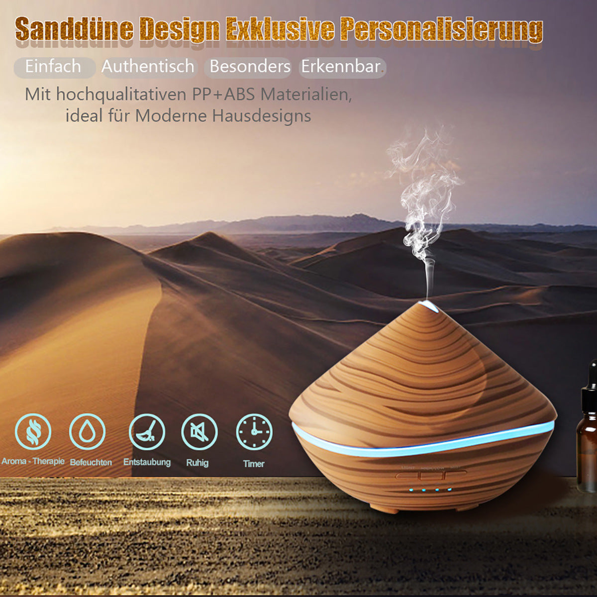 Wooden diffuser with smoke release against a desert landscape background