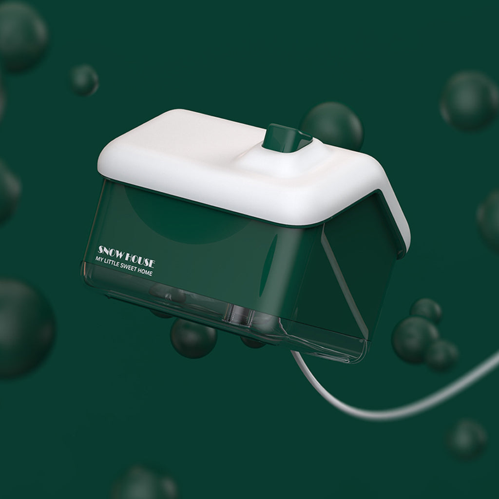White electronic device with 'Snow House' branding on a green background