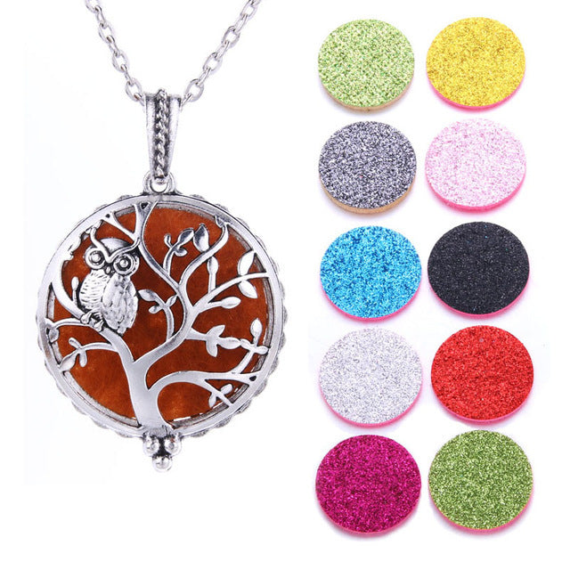 Necklace with tree of life pendant and color sample discs on a white background