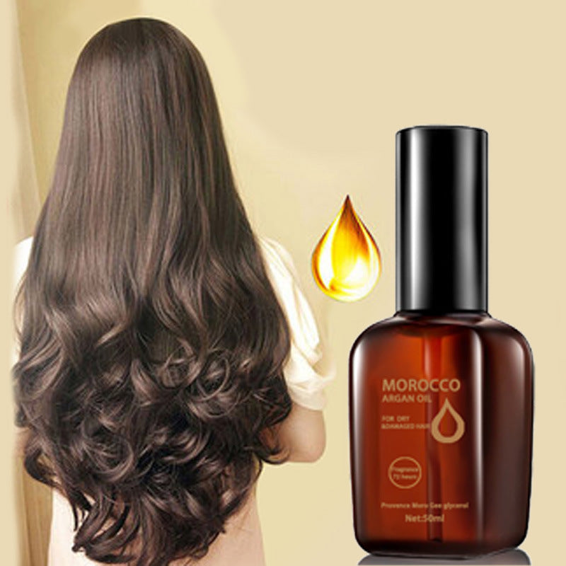 Bottle of Morocco Argan Oil with a woman's long, wavy hair on a beige background