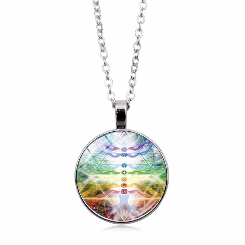 Necklace with a colorful circular pendant on a white background