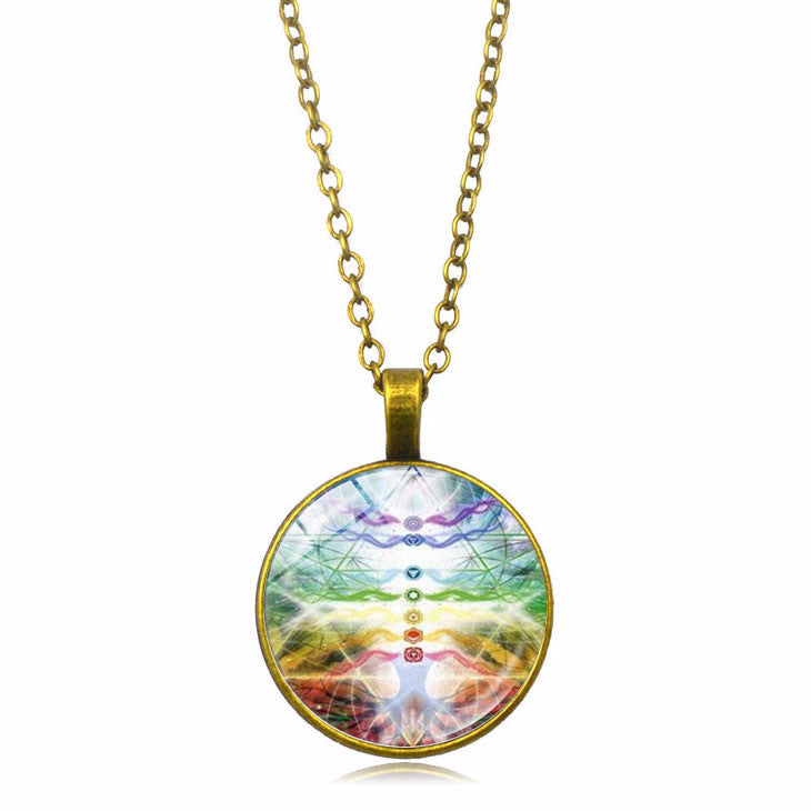 Necklace with a colorful circular pendant on a white background