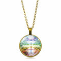 Necklace with a colorful circular pendant on a white background