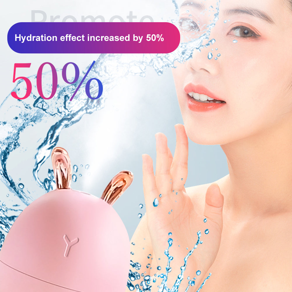 Pink skincare device with water droplets and a woman's face, highlighting hydration effect increase.