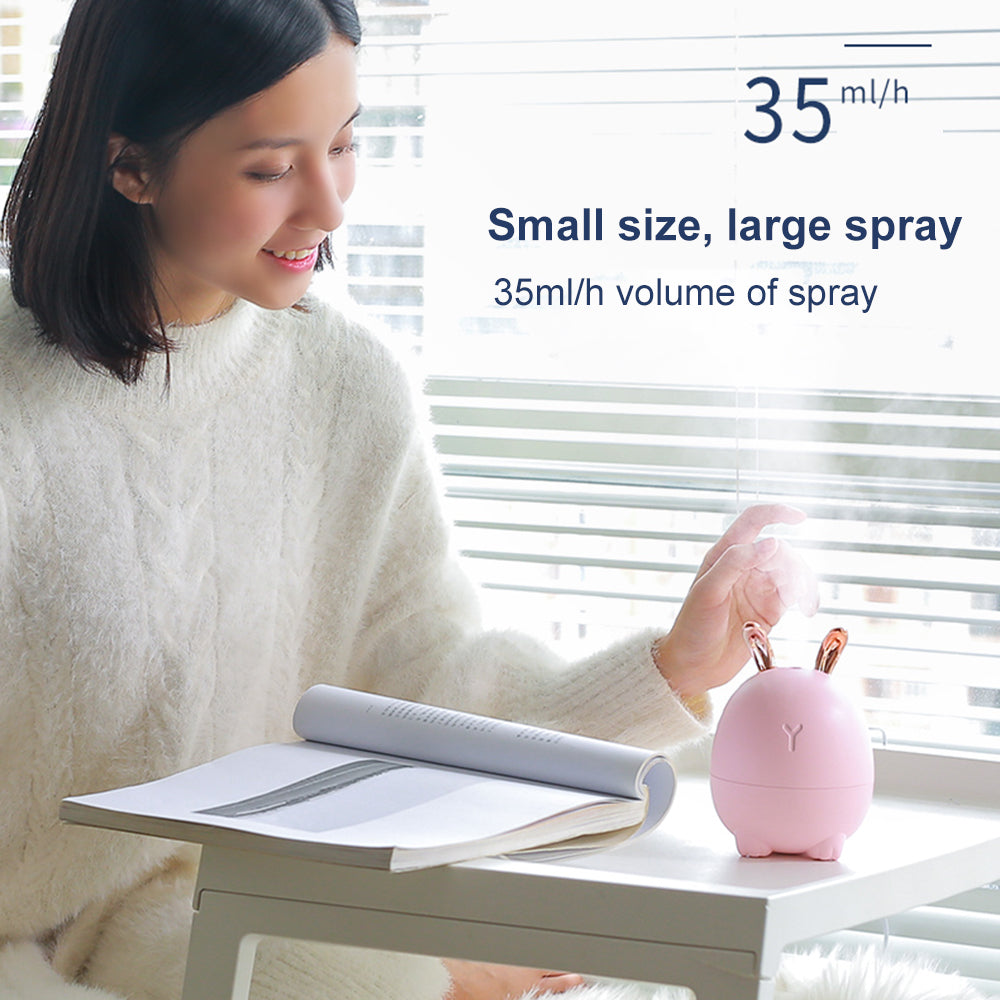 Woman using a small spray device on a table with text about spray volume.