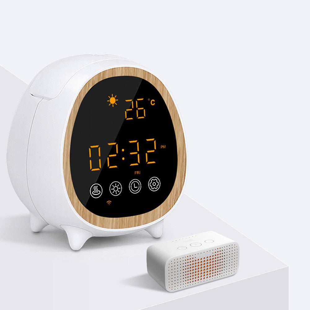 Digital clock with wooden accents displaying time and temperature on a white background