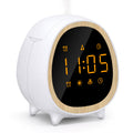 Digital clock with white casing and wooden accents on a white background