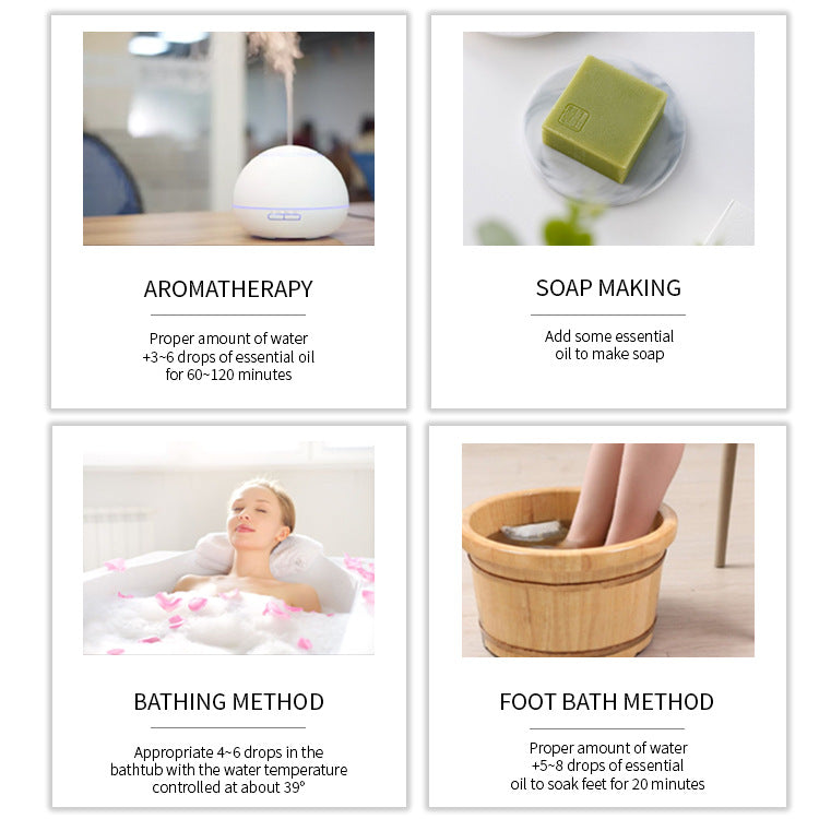 Collage of four images showing aromatherapy, soap making, bathing, and foot bath methods with text instructions.