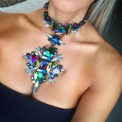Multicolored gemstone necklace on a person wearing a black top.