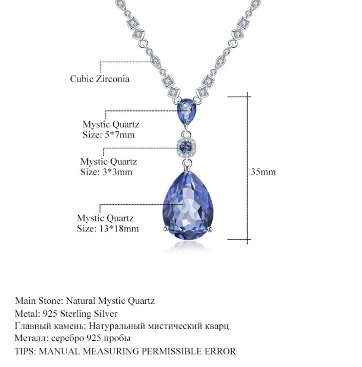 Jewelry necklace with blue gemstones and measurements on a white background