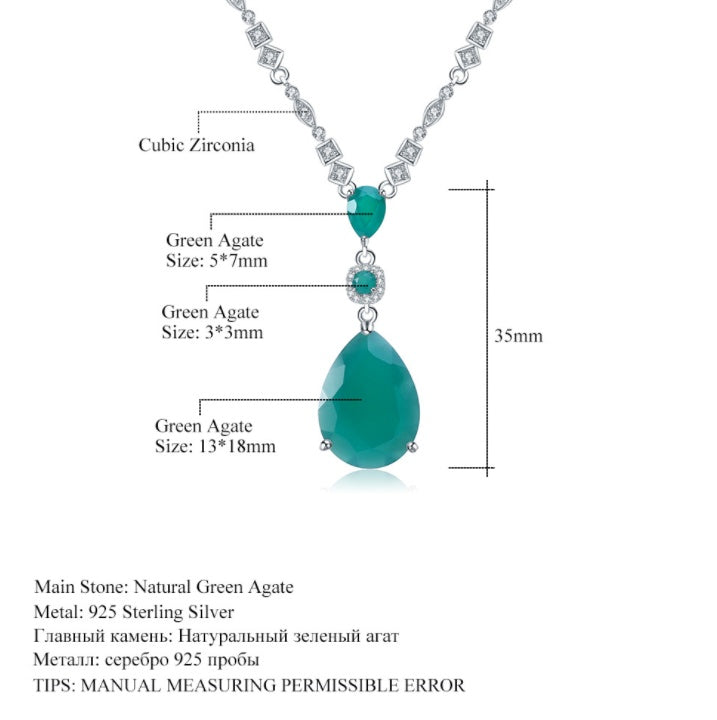 Green agate necklace with measurements and material details on a white background