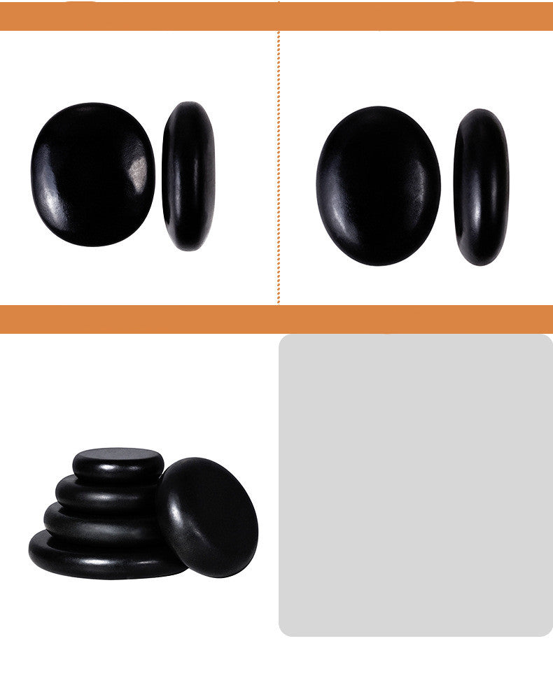Black stones arranged in different configurations on a white background with an orange border.