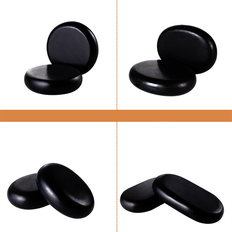 Black stone-like objects arranged in different configurations on a white background with an orange stripe.