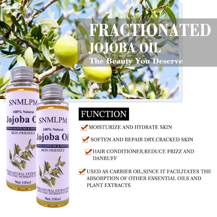Two bottles of SNMLPM Jojoba Oil with a background of jojoba plants and text about oil benefits.