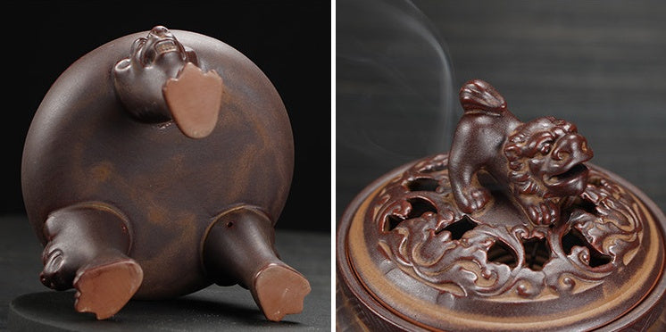 Decorative incense burner with lion design on a dark background
