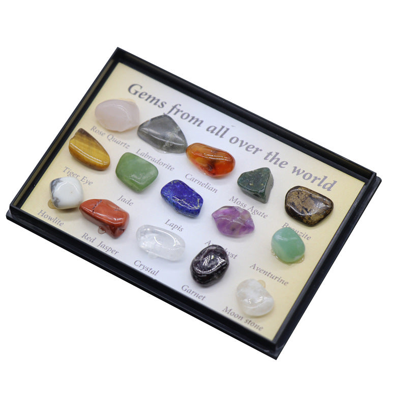 Collection of various gemstones on a display card with names