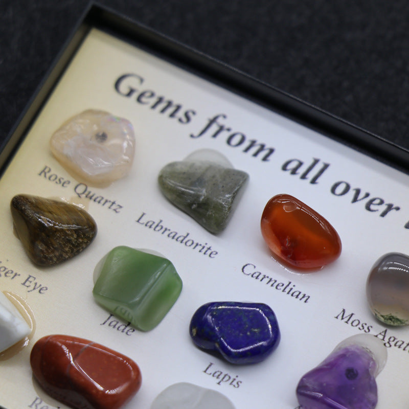 Collection of various gemstones on a display card with names