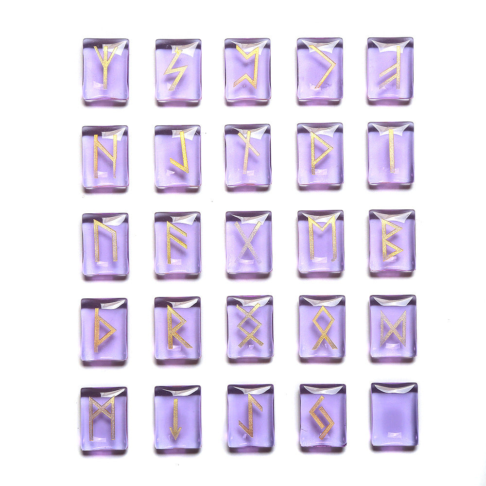 Purple stone tiles with gold runic symbols on a white background