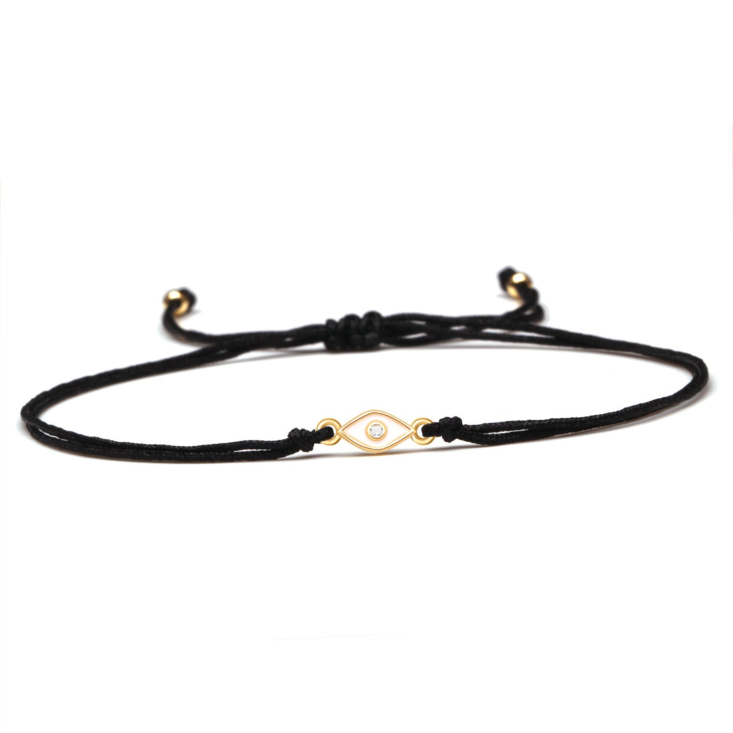 Black cord bracelet with a gold clasp on a white background