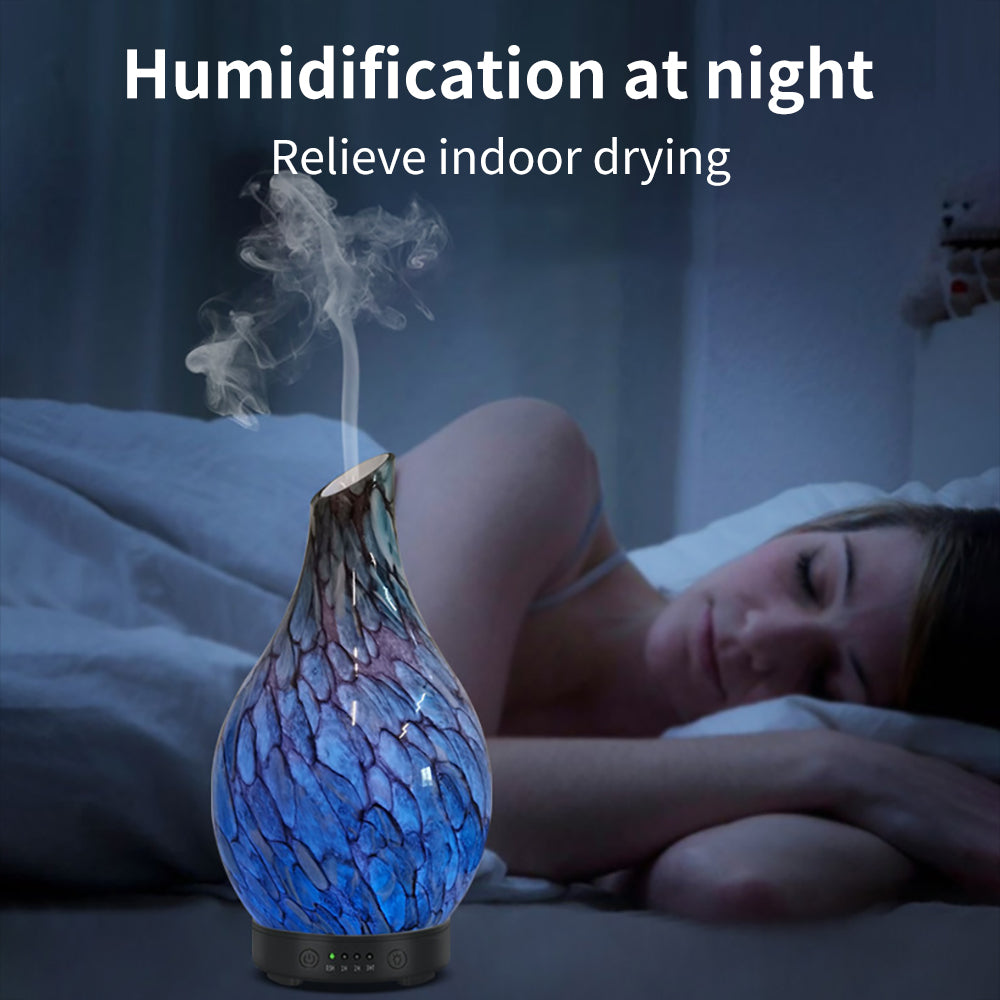 Woman lying in bed with a humidifier emitting steam, text 'Humidification at night Relieve indoor drying'.