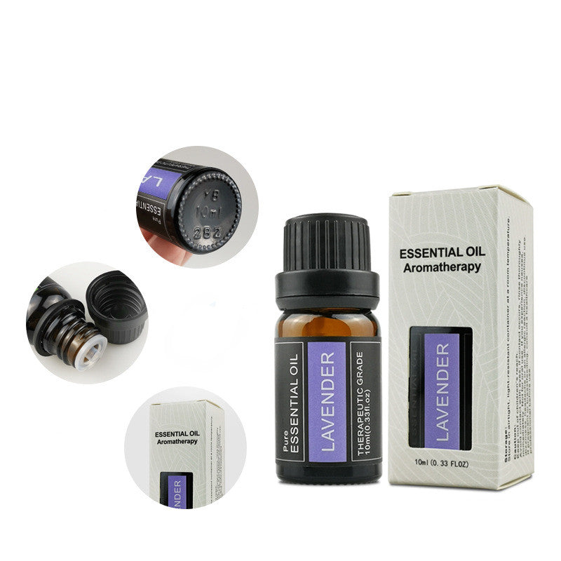 Lavender essential oil bottle with cap, packaging, and close-up details on a white background
