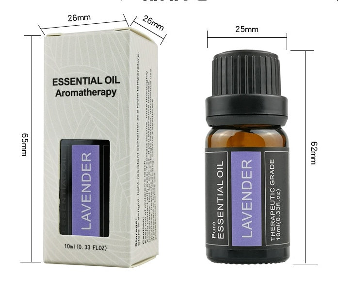 Lavender essential oil bottle and packaging with dimensions on a white background