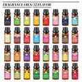 Collection of 32 fragrance oil bottles in various colors with labels on a white background.