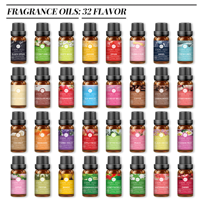 Collection of 32 fragrance oil bottles in various colors with labels on a white background.