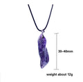 Purple pendant necklace with measurements on a white background