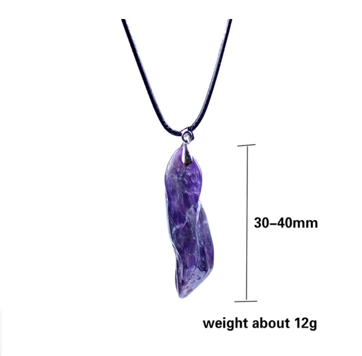Purple pendant necklace with measurements on a white background