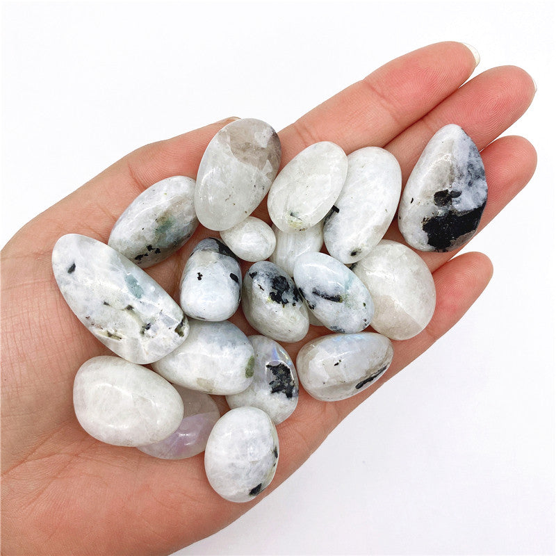 Hand holding a collection of white and gray stones with black spots on a white background