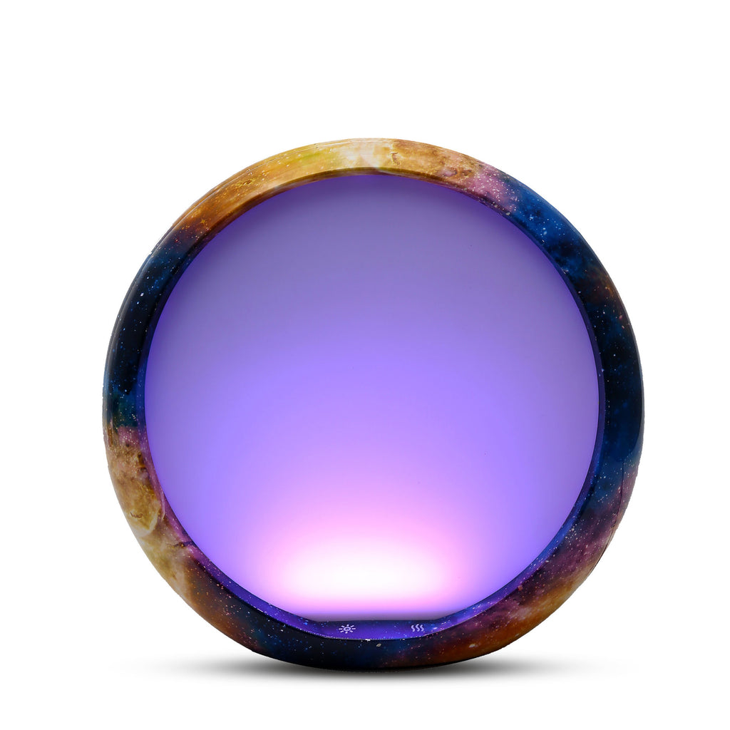 Round, colorful light bulb on a white background