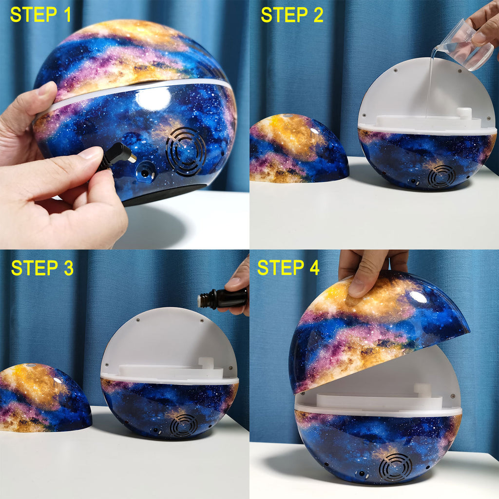 Step-by-step guide on how to use a galaxy-patterned device with a blue curtain background.