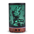 Decorative lamp with butterfly design and wooden base on a white background
