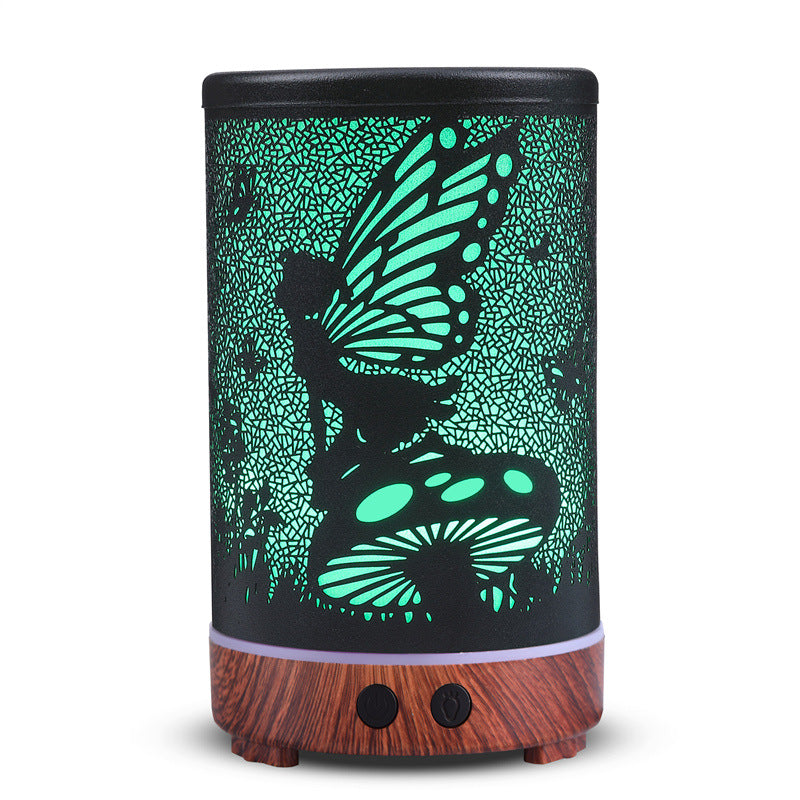 Decorative lamp with butterfly design and wooden base on a white background