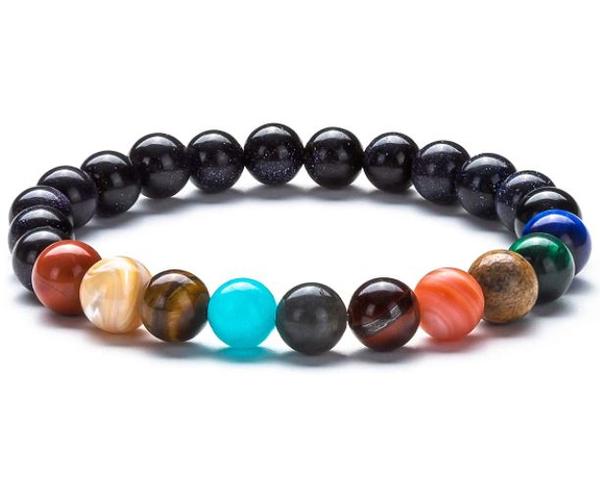 Multicolored beaded bracelet on a white background