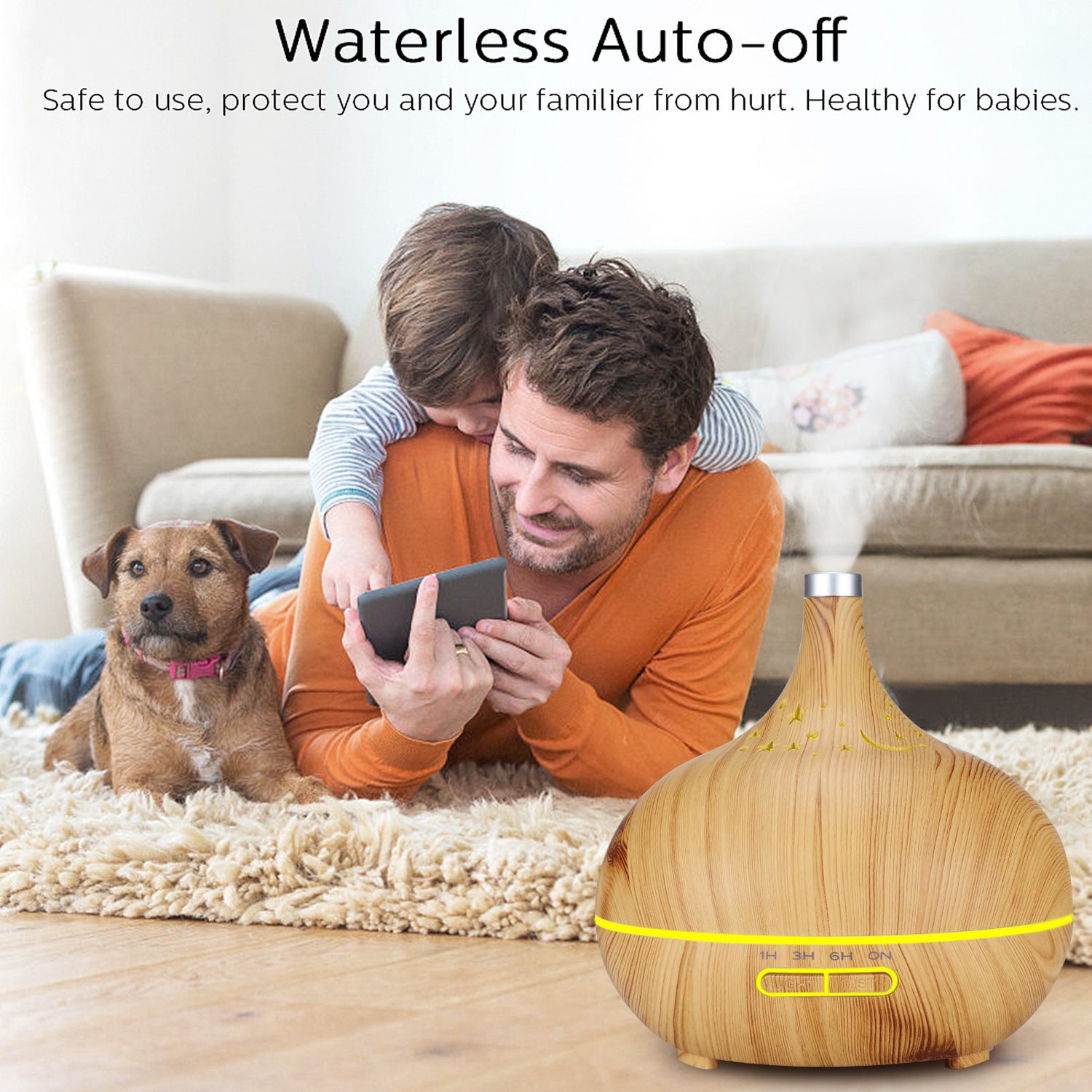 Man and child lying on the floor with a dog, using a smartphone, next to a wooden diffuser with text about waterless auto-off feature.