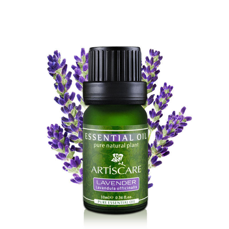 Artiscare lavender essential oil bottle with lavender flowers on a white background