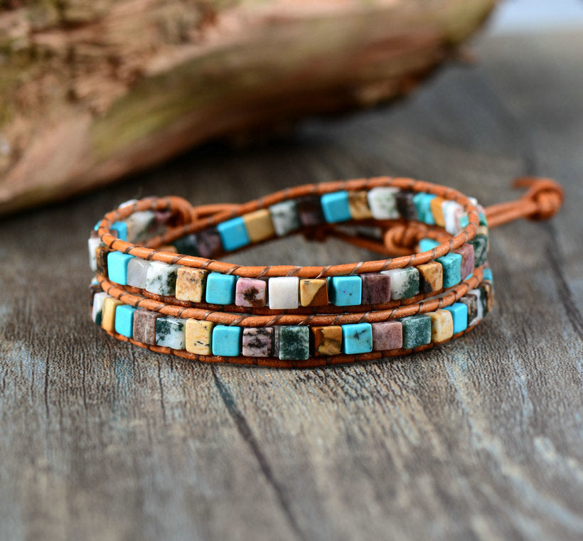 Multicolored beaded bracelet on a wooden surface