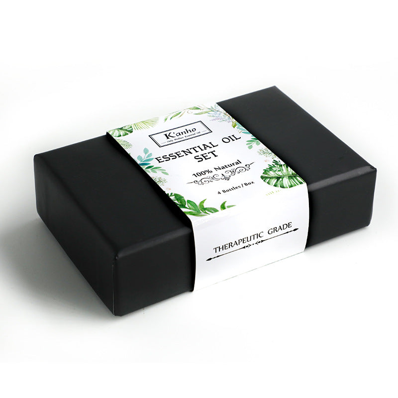 Black box with a white label featuring green leaf graphics, labeled 'Essential Oil Set' on a white background.