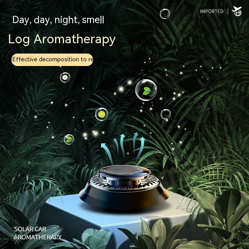 Aromatherapy device with plants and text on a dark background