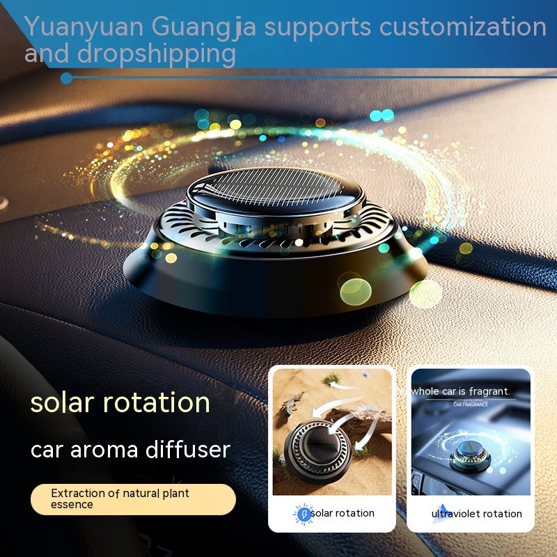 Car aroma diffuser with solar rotation feature on a car dashboard, featuring text about customization and dropshipping.