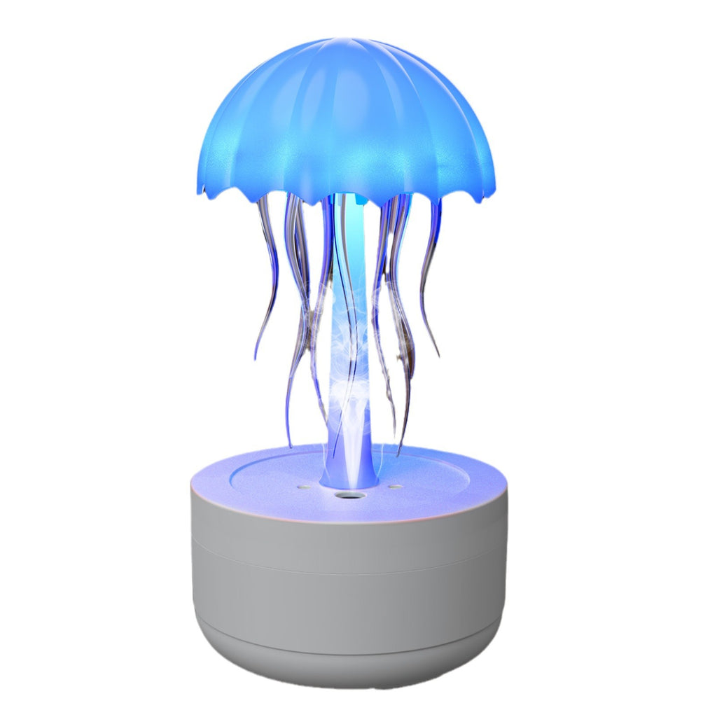 Jellyfish-shaped lamp with blue light on a white background