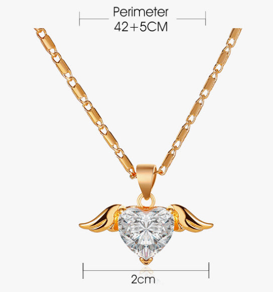 Gold necklace with a heart-shaped pendant and wings, shown with measurements on a white background.